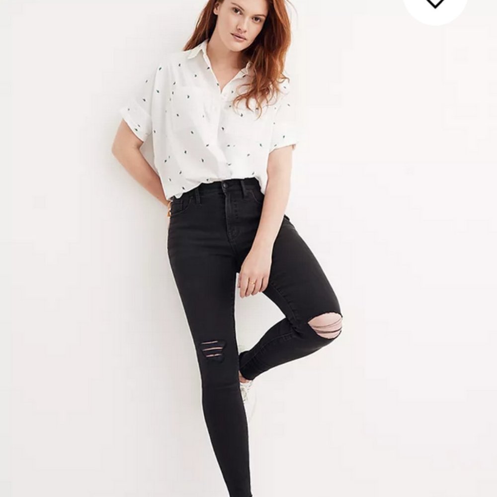 Madewell Mid Rise Skinny Jeans Black Sea Wash Women's Size 28 Distressed Denim